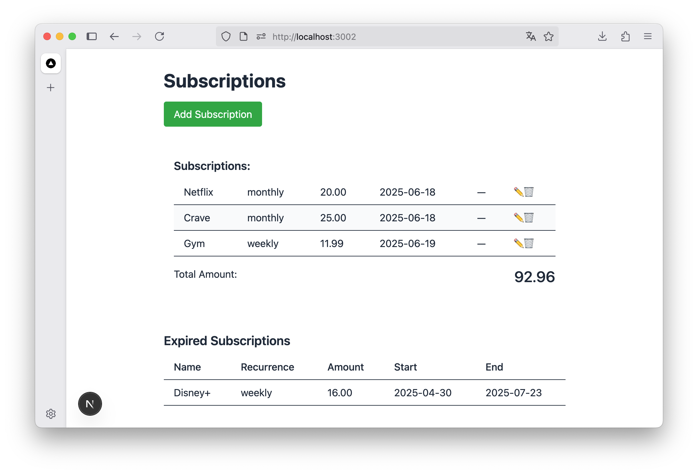 Subscriptions list in the resulting app